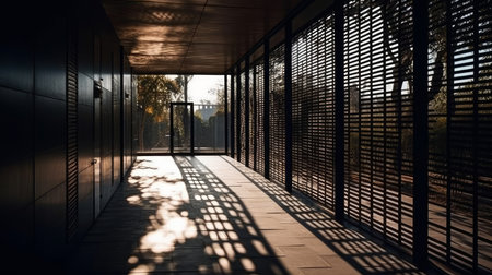The play of light and shadow on the angular forms of this building creates an ever-changing visual spectacle. AI generated illustrationの素材