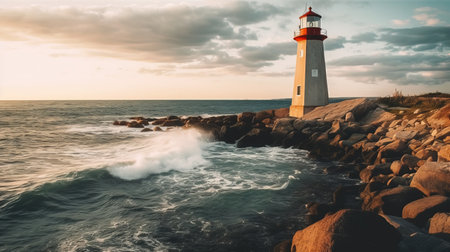 A vertical photo of a lighthouse by the ocean AI generated illustrationの素材