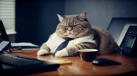 A fat cat is sitting at the office table in front of AI generated illustrationの素材