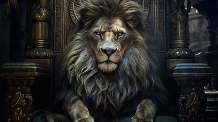 Royal lion sitting on a throne closeup AI generated illustrationの素材