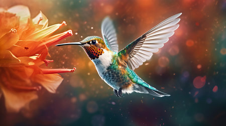 Blurred motion of a hummingbird hovering over a flow AI generated illustrationの素材