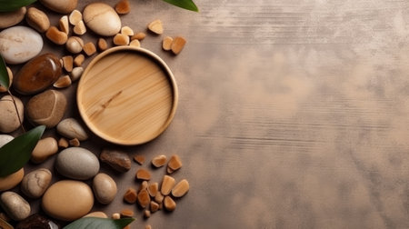 Wooden pad and stones branches decorations around AI generated illustrationの素材