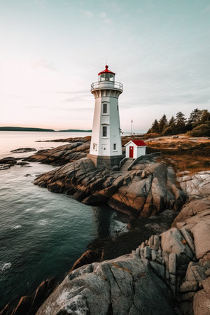 A vertical photo of a lighthouse by the ocean. AI generated illustrationの素材