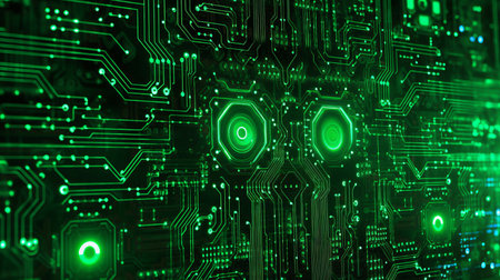 A neon green circuit board with glowing symbols AI generated illustrationの素材