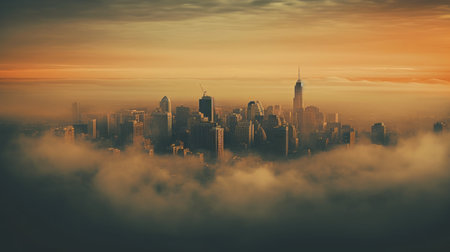 A hazy picture of a city skyline with mist and fog AI generated illustrationの素材