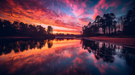 A soft focus image of a sunset over a calm body AI generated illustrationの素材