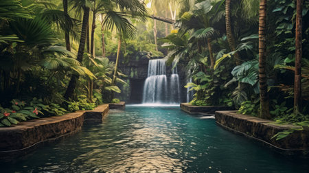 A tropical waterfall cascading into a pristine pool AI generated illustrationの素材