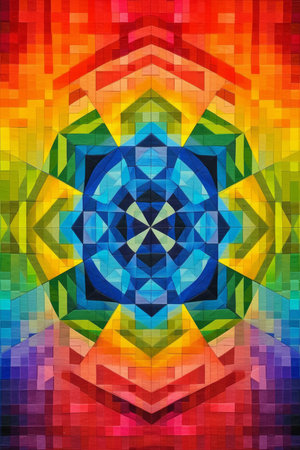 A symmetrical display of geometric shapes in rainbow AI generated illustrationの素材