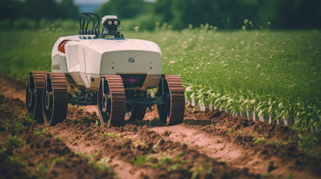 Agricultural robotics and autonomous vehicle working AI generated illustrationの素材