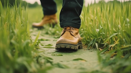 close-up of a farmers feet in rubbeboots walking AI generated illustrationの素材