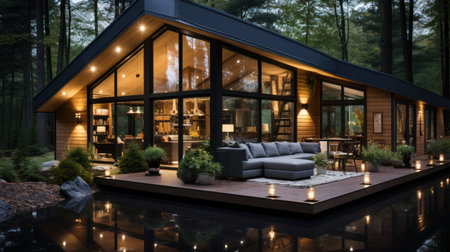 Modern small wooden house in the Scandinavian style AI generated illustrationの素材