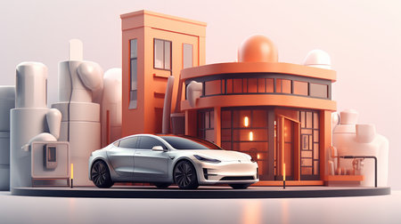 electric car and building AI generated illustrationの素材