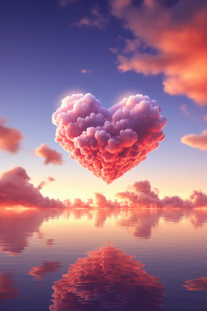 heart-shaped cloud formation against a sunset sky AI generated illustrationの素材