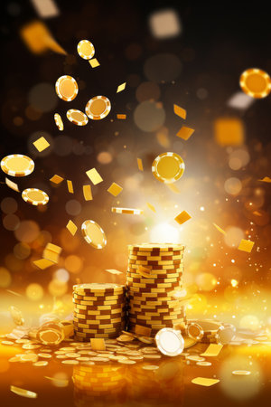 Realistic casino background with flying chips golden AI generated illustrationの素材