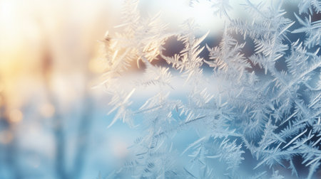 A macro shot of frost on a window with the Christmas tree bokeh in the background AI generated illustrationの素材
