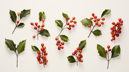 A minimalist Christmas backdrop featuring macro close-ups of holly leaves and berries AI generated illustrationの素材