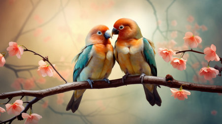 A pair of lovebirds sitting on a heart-shaped branch AI generated illustrationの素材