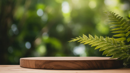 Wooden product display podium with blurred nature AI generated illustrationの素材
