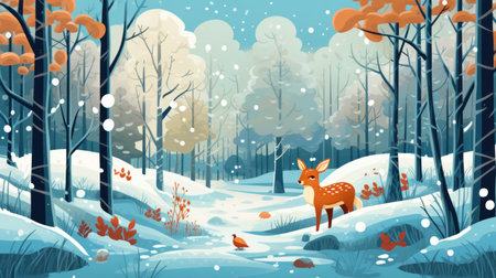 Cute winter scene featuring cartoonish woodland creatures AI generated illustrationの素材