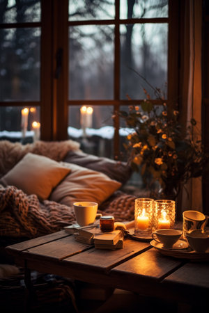 Glowing candlelight sets cozy winter atmosphere indoors AI generated illustrationの素材