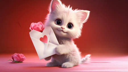 Kitten delivering heart shaped love letter AI generated illustrationの素材