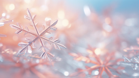 Macro shot of delicate Christmas snowflakes against a pastel background AI generated illustrationの素材