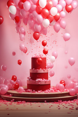 Podium bursting with heartshaped confetti and surrounded by red and pink balloons for Valentines Day AI generated illustrationの素材