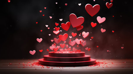 Podium surrounded by floating hearts symbolizing warm affection on Valentines Day AI generated illustrationの素材