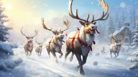 Rednosed reindeers playing in a snowy Christmas scenery AI generated illustrationの素材