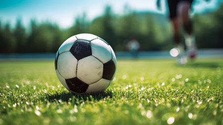 Soccer player with ball on grass field close up AI generated illustrationの素材