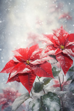 Snowdusted poinsettia flowers on a blurred Christmas background AI generated illustrationの素材