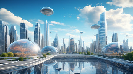 futuristic view of a city skyline with floating cars AI generated illustrationの素材