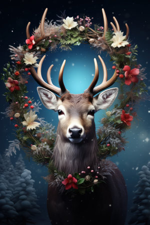 High-quality image of a reindeer with a Christmas wreath around its neck AI generated illustrationの素材