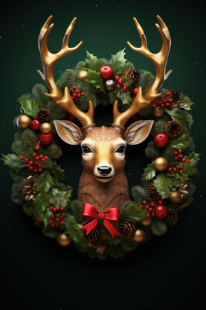 High-quality image of a reindeer with a Christmas wreath around its neck AI generated illustrationの素材