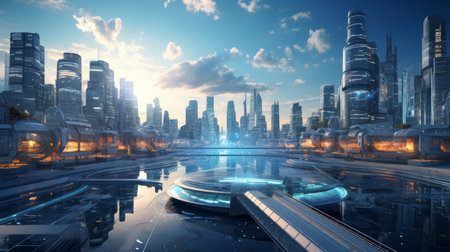 Futuristic cityscape showcasing smart business technologies AI generated illustrationの素材
