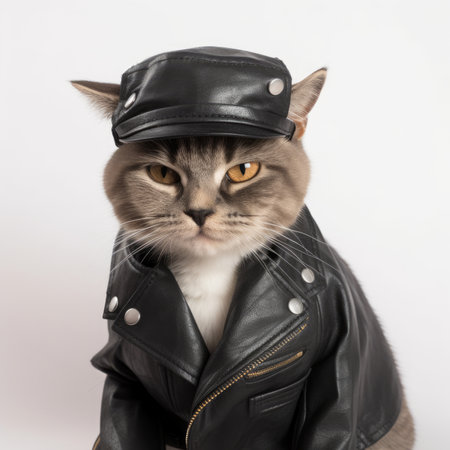 A cool cat with a leather jacket and a fedora isolated AI generated illustrationの素材