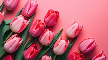 Spring tulip flowers on pink background top view in AI generated illustrationの素材