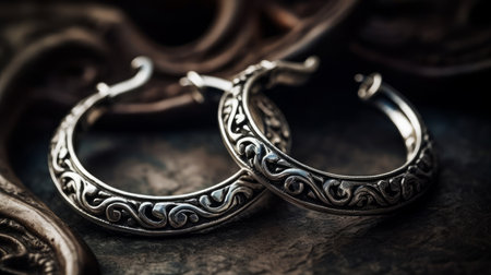Silver hoop earrings with delicate filigree design AI generated illustrationの素材