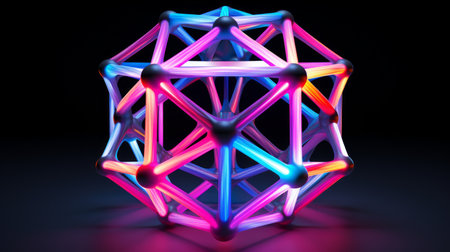 vivid neon dodecahedron resting in a tranquil white lattice AI generated illustrationの素材