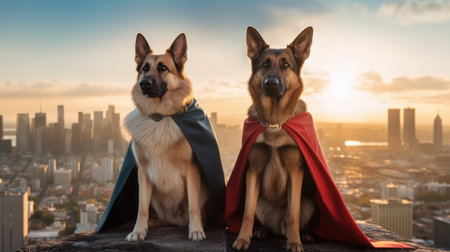Superpet Cat and Dog as superheroes with cape on city AI generated illustrationの素材