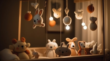 Handmade felt toys above the newborn crib with light AI generated illustrationの素材