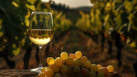 a glass of white wine ripe grapes on the background AI generated illustrationの素材