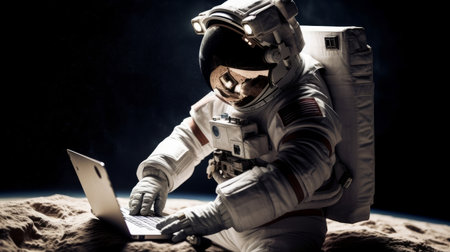 Astronaut in outer space working on a laptop AI generated illustrationの素材