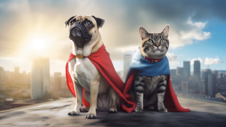 Superpet Cat and Dog as superheroes with cape on city AI generated illustrationの素材