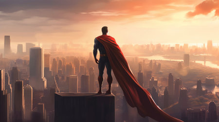Super hero man looking out over a city skyline AI generated illustrationの素材