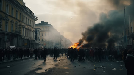 The crowd riots in the street protests burning city AI generated illustrationの素材