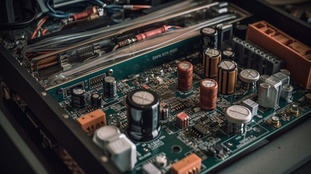 A close-up of a power supply units internal component AI generated illustrationの素材