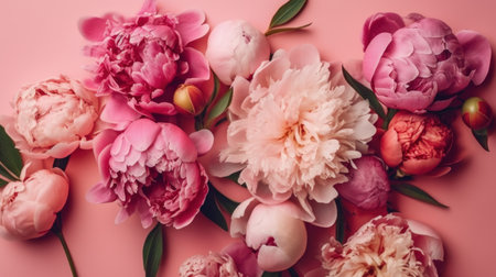 Spring peony flowers on pink pastel background AI generated illustrationの素材