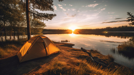 A lone tent pitched by a calm lake at sunrise AI generated illustrationの素材