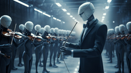Render a mannequin leading an orchestration like business coordination AI generated illustrationの素材